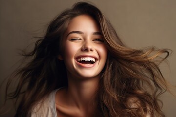 Close up of carefree young woman laughing and flying hair, Portrait of smiling woman with freckles and closed eyes enjoying