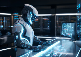 Artificial Intelligence chat bot, AI robot answers chat, It can assist with tasks, provide information, The robot is typing data.