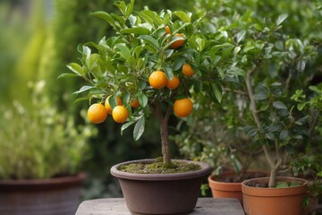 A small potted tree with orange fruits. Generative AI