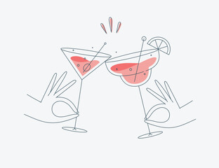Hand holding margarita and manhattan clinking glasses drawing in flat line style