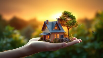 Small house in a human hand. New home, business, investment and real estate concept.	
