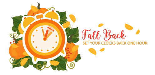 Fall back time concept banner. Clock on the fall background with pumpkins and autumn leaves. The handles of clock turn back on hour. Daylight saving time ends reminder. Vector illustration