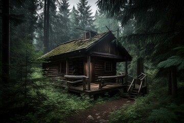 Mysterious cabin in the woods. Generative AI