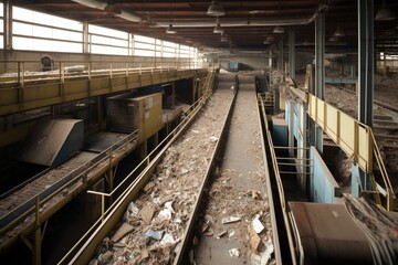 A massive assembly line featuring conveyors transporting waste materials within an industrial facility. Generative AI