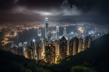 Stunning nighttime view of Hong Kong. Generative AI