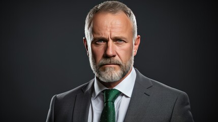 Confident Middle-Aged Businessman: A Sharp-Dressed Executive with a Serious Demeanor. Neatly Trimmed Beard, Piercing Green Eyes, and Impeccable Style Define His Professional Aura