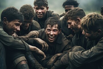 Fototapeta premium Soccer players emotionally celebrating their victory or their goal.