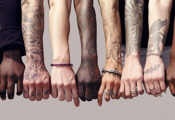 Tattooed hands of different skin colors. Diversity and equality concept. - Powered by Adobe