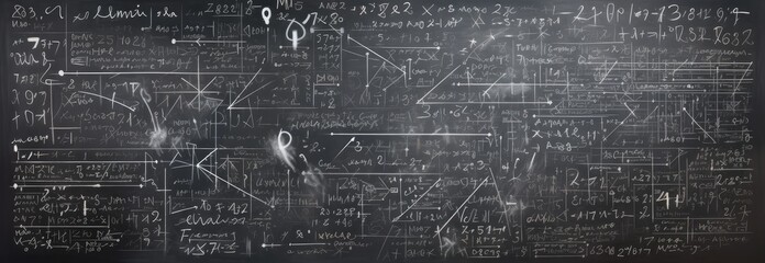 Blackboard with scientific formulas and calculations in physics and mathematics. Science and education background. - obrazy, fototapety, plakaty