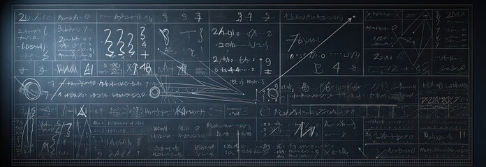 Blackboard with scientific formulas and calculations in physics and mathematics. Science and education background.