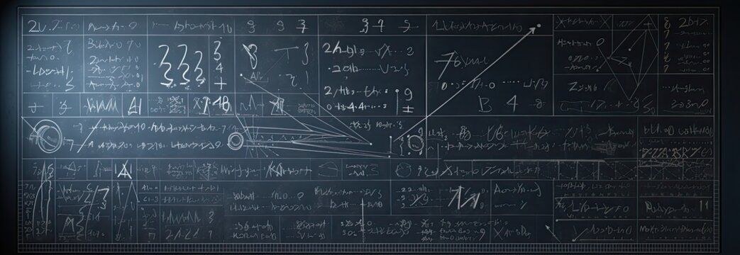 Blackboard with scientific formulas and calculations in physics and mathematics. Science and education background.