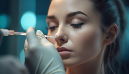 Fototapeta premium The surgeon, a young woman, works on a patient mouth generated by AI