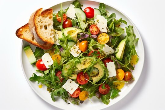 A food photo showcasing a flavorful salad with cheese, herbs, bread, and vegetables on a white background. Generative AI
