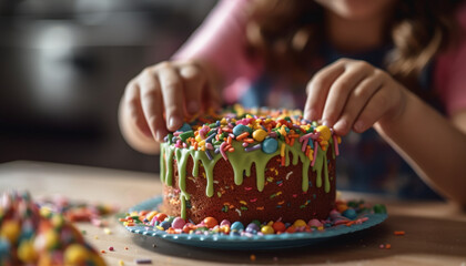Cute girl enjoys homemade birthday cake decoration with multi colored icing generated by AI