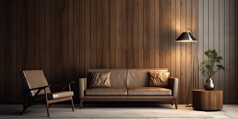 Modern living room with wooden background wall.