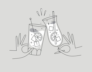 Hand holding pina colada and cuba libre cocktails clinking glasses drawing in flat line style on grey background