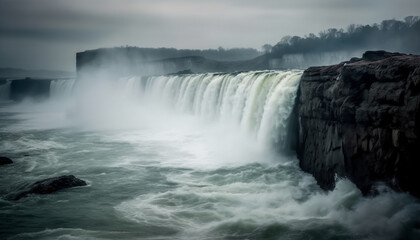 The majestic waterfall flows over the cliff, spraying mist everywhere generated by AI