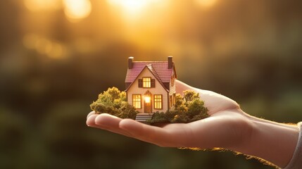 Small house in a human hand. New home, business, investment and real estate concept.	