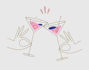 Hand holding cosmopolitan and manhattan cocktails clinking glasses drawing in flat line style on beige background
