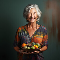 Aging woman smiling happily while holding a buddha bowl, AI