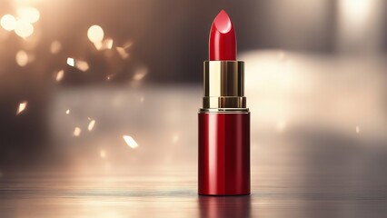 Red open luxe lipstick on a gold background with bokeh - obrazy, fototapety, plakaty