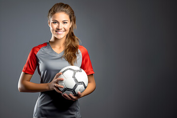 Beautiful woman soccer player model in jersey holding a football in photography studio, Female athlete, Generative AI