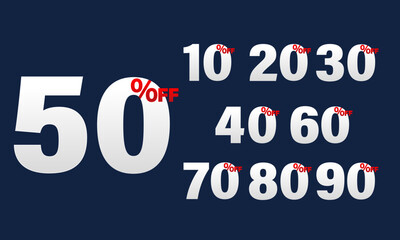 Set of discount label vector Illustration 10, 20, 30, 40, 50, 60, 70, 80, 90 percent, Promotion number design for an advertising campaign at retail clearance, special offer, tag, sticker flat.