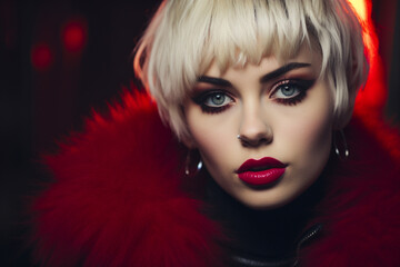 Portrait of a young woman model in 1980's Miami or similar east coast location. Evoking paparazzi and glamour of nightlife in the disco era.