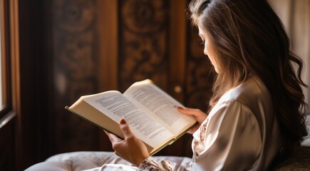 close-up of a girl reading book, girl with book, pretty young woman learning with book, wooman with book