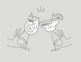 Hand holding margarita and sprits cocktails clinking glasses drawing in flat line style on grey background