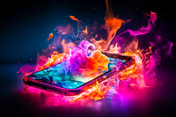 Ai generated image of smartphone explode and burn with vibrant color