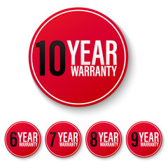 Collection of warranty number 6, 7, 8, 9, 10 year label badge red and white style, Set of warranty logo design isolated on white background, Vector and illustration.
