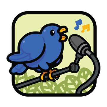 A Blue Cartoon Bird Singing Into A Microphone
