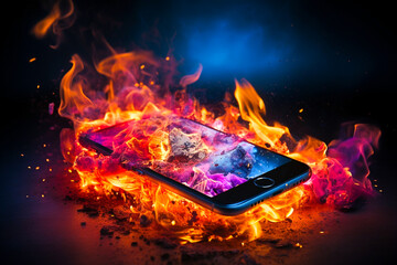 Ai generated image of smartphone explode and burn with vibrant color