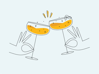 Hand holding daiquiri cocktails clinking glasses drawing in flat line style on light background