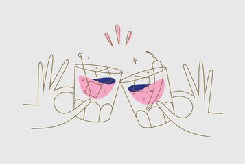 Hand holding whiskey and old fashioned cocktails clinking glasses drawing in flat line style on beige background