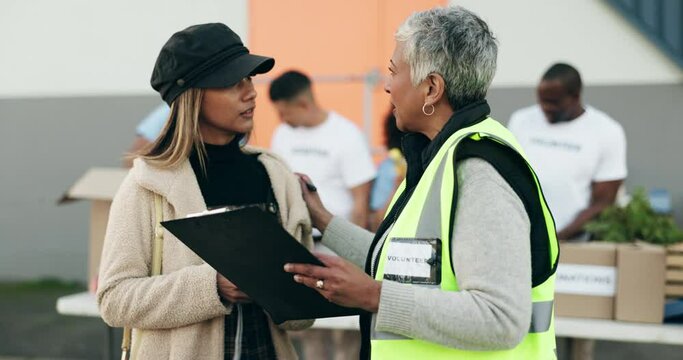 Woman volunteering, manager checklist and food donation, NGO project or community service management and support. Nonprofit people helping, planning and registration documents for charity or teamwork