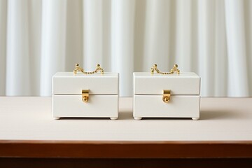 Two white hinged jewelry boxes on a simple backdrop. Generative AI