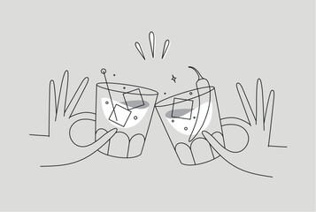 Hand holding whiskey and old fashioned cocktails clinking glasses drawing in flat line style on grey background