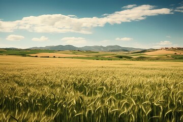 Vast Spanish agriculture with verdant wheat fields. Generative AI - obrazy, fototapety, plakaty