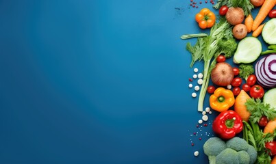Top view vegetables on deep blue background. Vegetarian organic food banner.