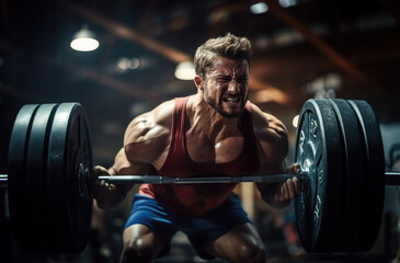 A strong muscular male struggle to lift heavy barbell in gym