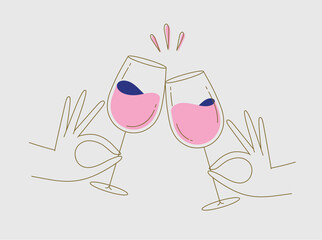 Hand holding wine clinking glasses drawing in flat line style on beige background