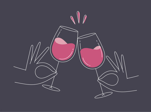 Hand holding wine clinking glasses drawing in flat line style on dark blue background
