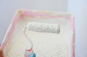 Paint roller on the background of a tray with paint.