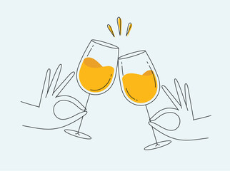 Hand holding wine clinking glasses drawing in flat line style on light background