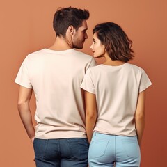 Fototapeta premium Illustration of a fashion portrait with plain t-shirt mockup, AI Generated