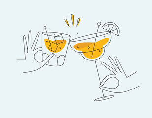 Hand holding whiskey and margarita cocktails clinking glasses drawing in flat line style on light background