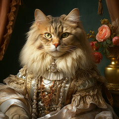 Portrait of cat dressed up as a woman in elegant renaissance clothes. Generative AI - 646027702