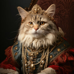 Portrait of cat dressed up as a queen in elegant renaissance clothes. Generative AI - 646027720